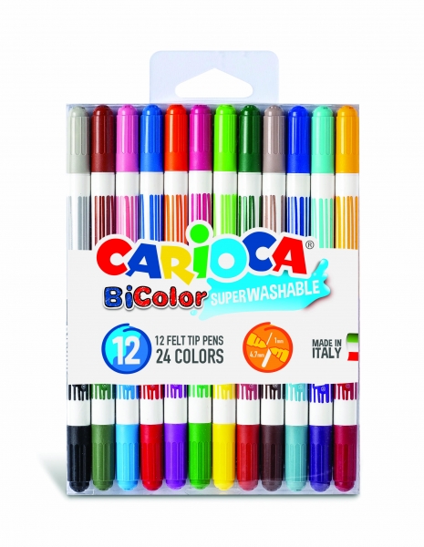 Carioca Bicolor Pack de 12 Marqueurs - Deux Couleurs par Marqueur - Encre Super Lavable - Pointe Conique pour Traitement Double Écriture - Différentes Couleurs