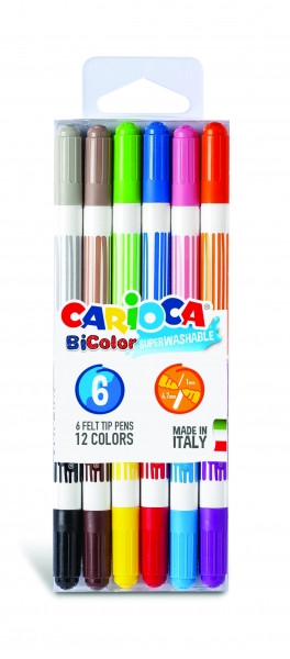 Carioca Bicolor Pack de 6 Marqueurs - Deux Couleurs par Marqueur - Encre Super Lavable - Pointe Conique pour Traitement Double Écriture - Différentes Couleurs
