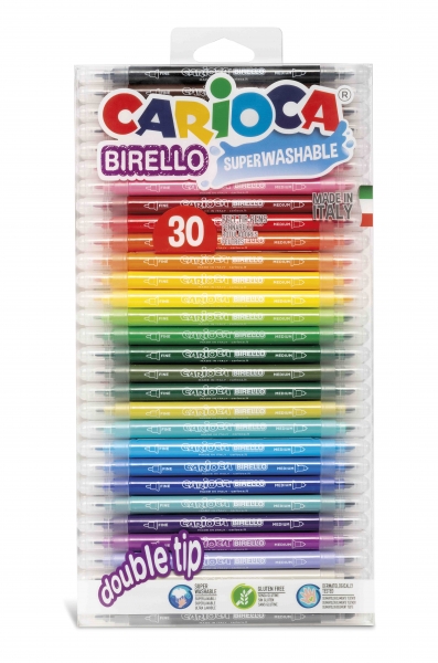 Carioca Birello Lot de 30 marqueurs édition spéciale – Double pointe fine et moyenne – Encre non toxique super lavable – Lavable sur la peau et les tissus à l'eau – Différentes couleurs