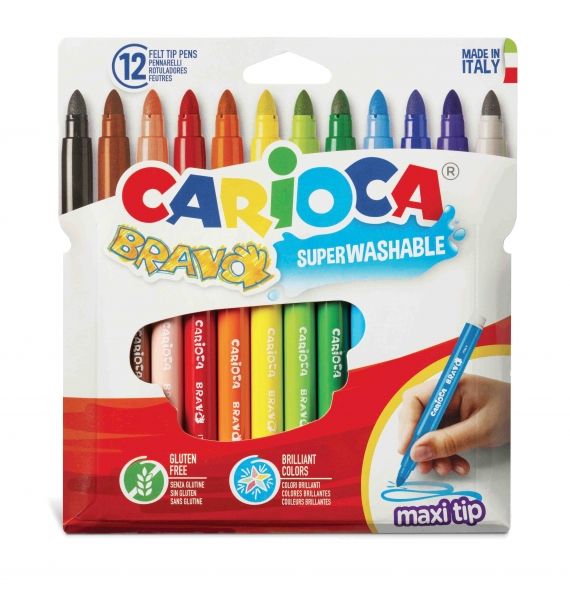 Carioca Bravo Pack de 12 Marqueurs - Corps Maxi Octogonal - Encre Super Lavable - Pointe Verrouillée Maxi 6mm - Capuchon Ventilé - Différentes Couleurs