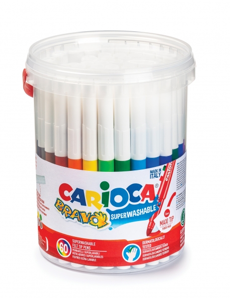 Carioca Bravo Pack de 60 Marqueurs - Corps Maxi Octogonal - Encre Super Lavable - Pointe Verrouillée Maxi 6mm - Capuchon Ventilé - Différentes Couleurs