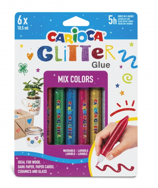 Carioca Colle Pailletée Multiglitter Blister de 6 Tubes de Colle Colorée - pour Décorer avec Effet Pailleté - Appliqué Directement sur la Surface - Sèche en 30 Minutes - Différentes Couleurs