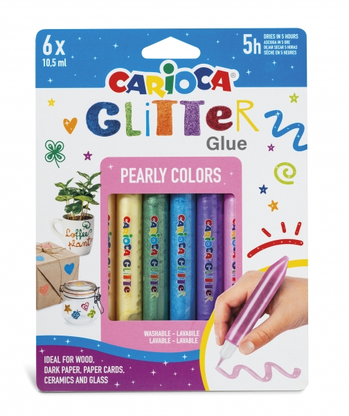 Carioca Colle Pailletée Nacrée Blister de 6 Tubes de Colle Colorée - Effet Pailleté - Application Directe - Séchage en 30 Minutes - Coloris Divers