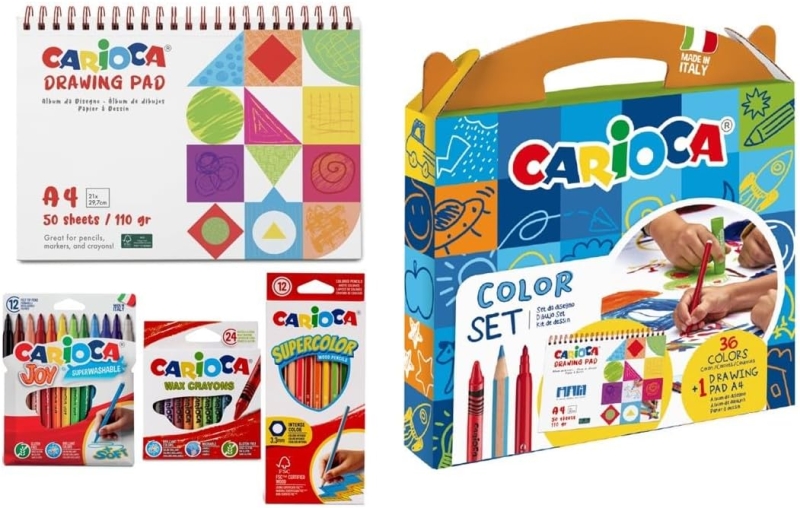 Carioca Color Set Pack avec 12 crayons, 12 marqueurs et 12 crayons de couleur + bloc à dessin A4 - Couleurs assorties
