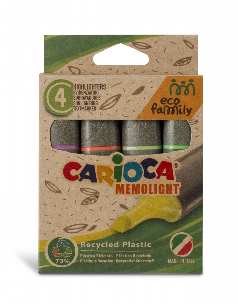 Carioca Eco Family Pack de 4 surligneurs - Couleurs vives - Encre à base d'eau - Pointe biseautée 5 mm - Différentes couleurs