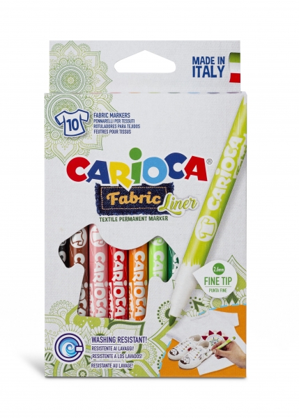 Carioca Fabric Pack de 10 Marqueurs Tissu - Pointe Fine - Encre Spéciale Tissus - Couleurs Indélébiles - Pointe Maxi Ø 2,6 mm - Repassage pour une Durée et une Luminosité Plus Longues - Différentes Couleurs