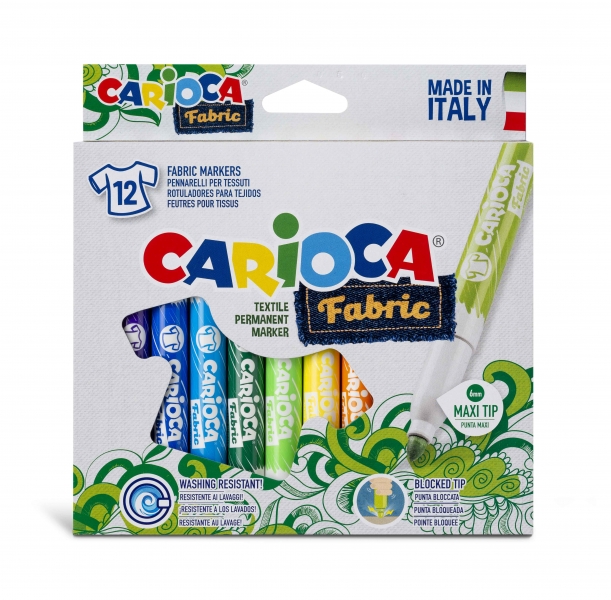 Carioca Fabric Pack de 12 Marqueurs Tissu - Pointe Maxi Ø 6mm - Encre Spéciale Tissu - Couleurs Indélébiles - Repassage pour une Durée et une Luminosité Plus Longues - Couleurs Diverses
