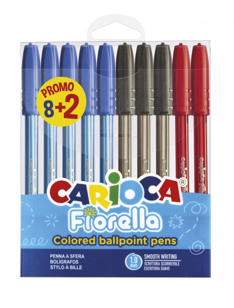 Carioca Fiorella Lot de 10 Stylos de Couleur - Pointe Bille - Corps Transparent Fluo - Écriture Lumineuse et Colorée - 8+2 offerts - Couleurs Diverses