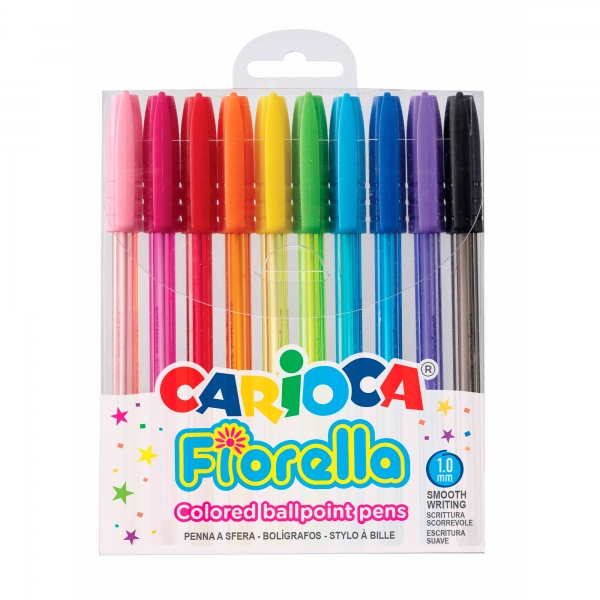 Carioca Fiorella Lot de 10 Stylos - Pointe Bille - Corps Transparent Fluo - Pointe Ø 1mm - Écriture Lumineuse et Colorée - Couleurs Diverses