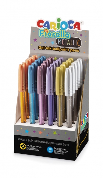 Carioca Fiorella Présentoir de 30 Stylos de Couleurs Métallisées - Pointe Bille - Corps Transparent Fluo - Écriture Lumineuse et Colorée - Couleurs Diverses