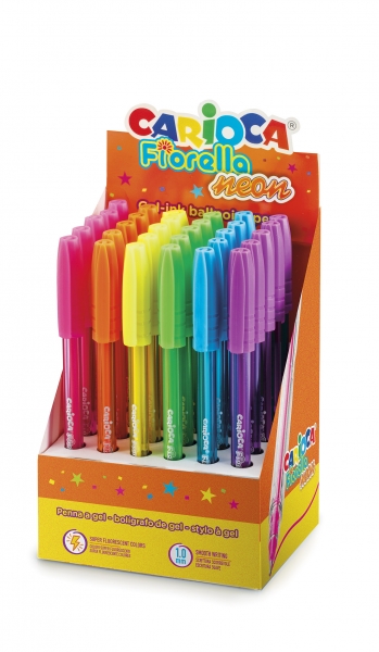 Carioca Fiorella Présentoir de 30 Stylos Néon - Pointe Boule - Corps Transparent Fluo - Écriture Lumineuse et Colorée - Couleurs Diverses