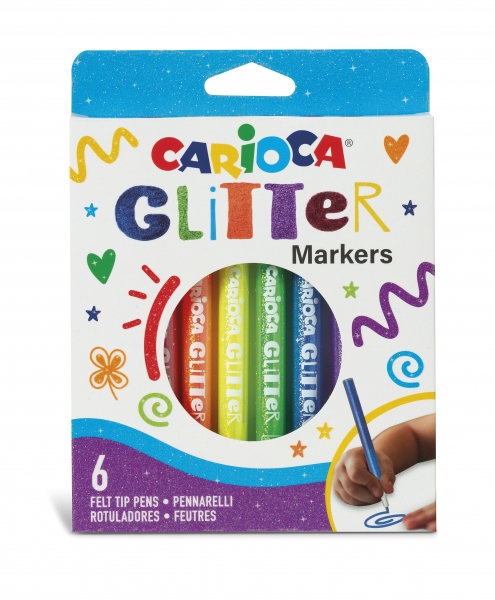 Carioca Glitter Boite de 6 Feutres - Pointe Ø 1mm - Encre Liquide à Base d'Eau - Pointe Haute Qualité - Effet Pailleté - Résistant à la Lumière - Couleurs Diverses