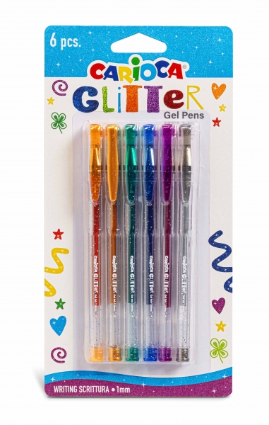 Carioca Glitter Gel Pack de 6 Stylos - Pointe Ø 1mm - Encre Gel Pailletée - pour Surfaces Sombres - Écriture Lumineuse et Colorée - Différentes Couleurs