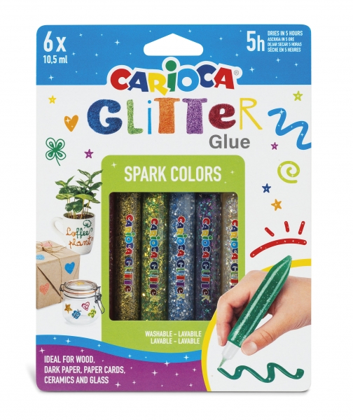 Carioca Glitter Glue Base Blister de 6 Tubes de Colle Colorée - Effet Pailleté - Application Directe - Séchage en 30 Minutes - Différentes Couleurs