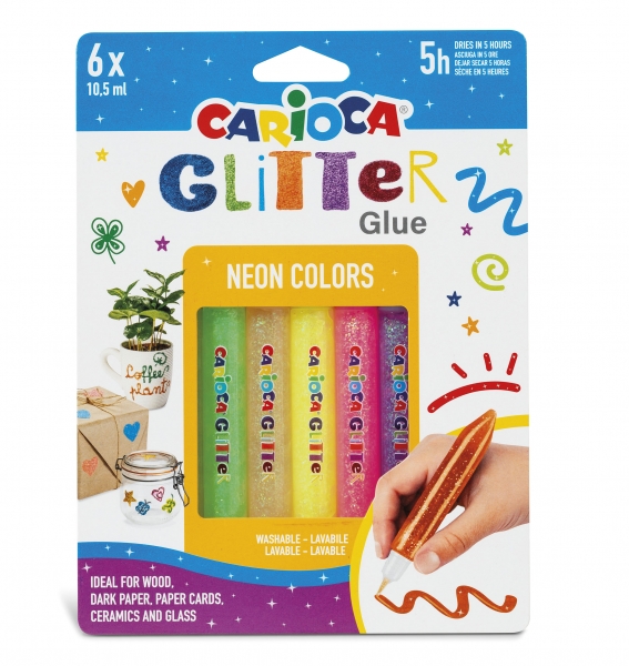 Carioca Glitter Glue Fluo Blister de 6 Tubes de Colle Colorée - pour Décorer avec Effet Pailleté - Appliqué Directement sur la Surface - Sèche en 30 Minutes - Différentes Couleurs