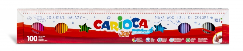 Carioca Joy Pack de 100 Feutres - 1 Mètre de Couleur - Encre Super Lavable - Pointe Fine et Bloquée - Capuchon Ventilé - Couleurs Diverses