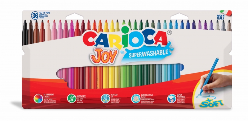 Carioca Joy Pack de 36 Marqueurs - Encre Super Lavable - Pointe Fine 2,8 mm - Pointe Verrouillée - Capuchon Ventilé - Différentes Couleurs