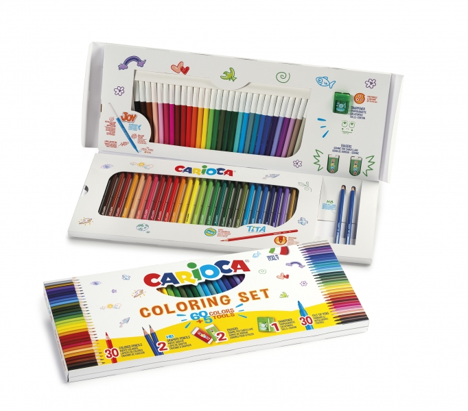 Carioca Joy Pack de 65 pièces de coloriage - 30 marqueurs super lavables - 30 crayons de couleur super résistants - 2 gommes - 2 crayons graphite HB - 1 taille-crayon avec récipient - Couleurs variées