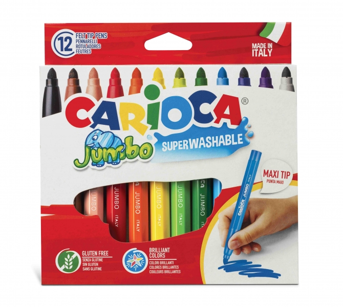 Carioca Jumbo Pack de 12 Marqueurs - Corps Maxi Octogonal - Encre Super Lavable - Pointe Verrouillée Maxi 6mm - Capuchon Ventilé - Différentes Couleurs