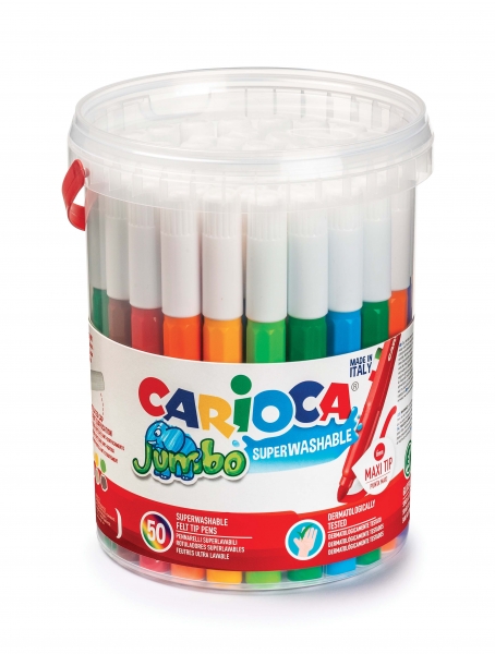 Carioca Jumbo Pack de 50 Marqueurs - Corps Maxi Octogonal - Encre Super Lavable - Pointe Verrouillée Maxi 6mm - Capuchon Ventilé - Différentes Couleurs