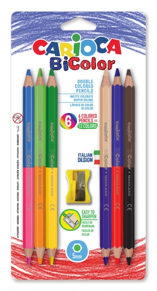 Carioca Jumbo Pack de 6 Crayons Laqués Hexagonaux Bicolores - Mine Maxi de Ø 5mm - Haute Résistance à la Casse - Taille-crayon Inclus - Couleurs Diverses