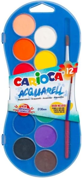 Carioca Kit de Peinture Pack avec 12 Aquarelles, 6 Temperas et 6 Temperas Solides + Bloc de 20 Feuilles A4 - Couleurs Assorties