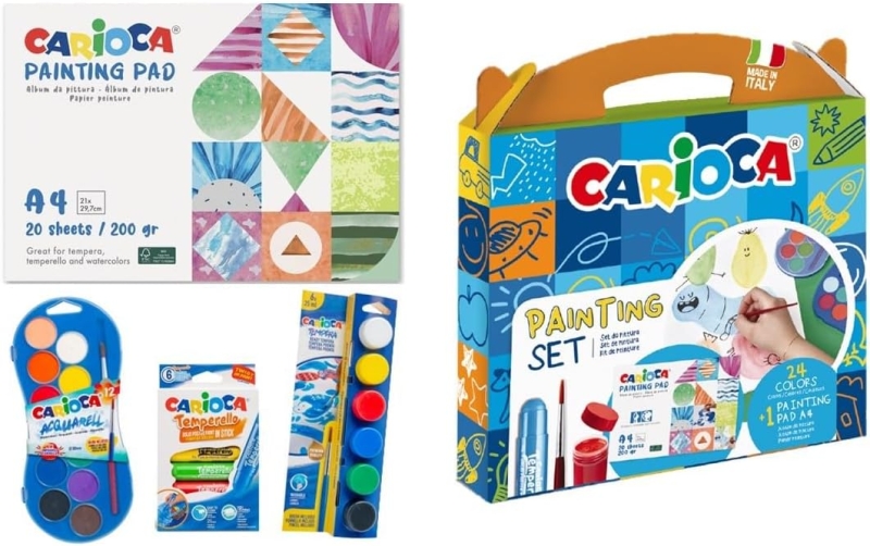 Carioca Kit de Peinture Pack avec 12 Aquarelles, 6 Temperas et 6 Temperas Solides + Bloc de 20 Feuilles A4 - Couleurs Assorties
