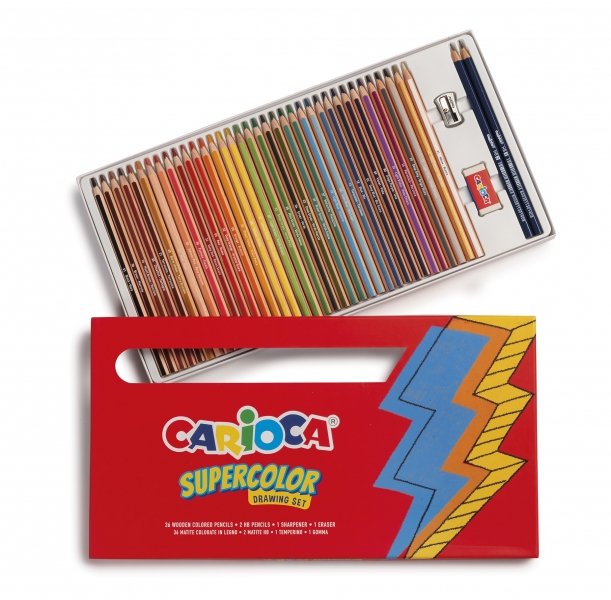 Carioca Lot de 40 pièces - 36 crayons de couleur Supercolor - Mine épaisse Ø 3,3 mm - 2 crayons graphite HB - Gomme blanche - Taille-crayon en métal - Couleurs variées