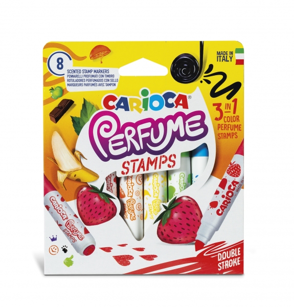 Carioca Lot de 8 marqueurs parfumés double pointe - Encre parfumée et lavable - Arômes naturels - Sans substances allergènes - Pointe verrouillée et conique pour double trait - Différentes couleurs
