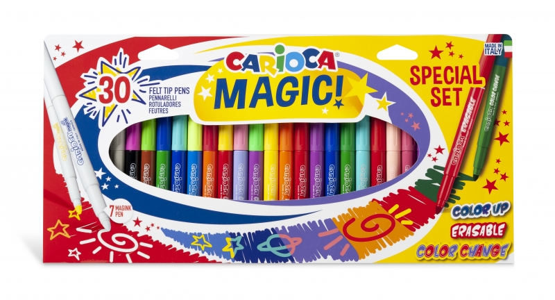 Carioca Magic Markers Lot de 30 marqueurs magiques – Encre magique qui change de couleur – Comprend un stylo marqueur Magink pour changer ou effacer les couleurs – Pointe maxi verrouillée avec capuchon ventilé – Différentes couleurs