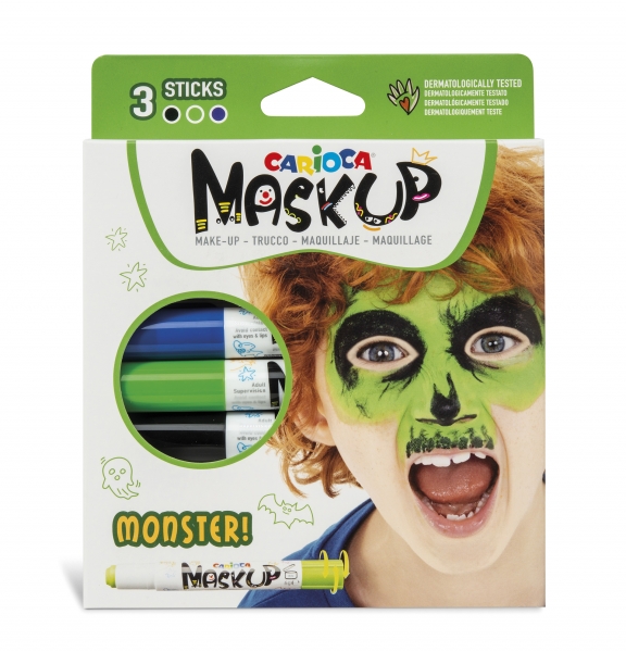 Carioca Mask Up Pack de 3 Monsters Stick Skin Colors - Couleurs vives - Lavable et à base d'eau - Comprend deux tutoriels étape par étape - Différentes couleurs