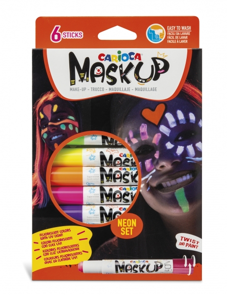 Carioca Mask Up Pack de 6 Couleurs de Peau en Bâton Néon - Idéal pour les Fêtes - Fluorescent avec Lumière Ultraviolette - Lumineux et Lavable - 2 Tutoriels Inclus - Différentes Couleurs