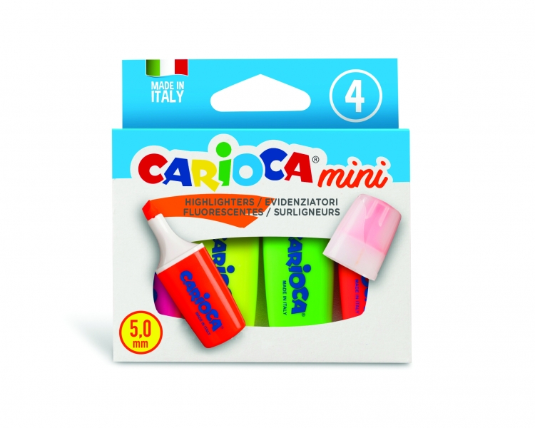 Carioca Minilight Pack de 4 surligneurs - Pointe biseautée 5 mm - Brillant et lavable - Encre à base d'eau - Différentes couleurs
