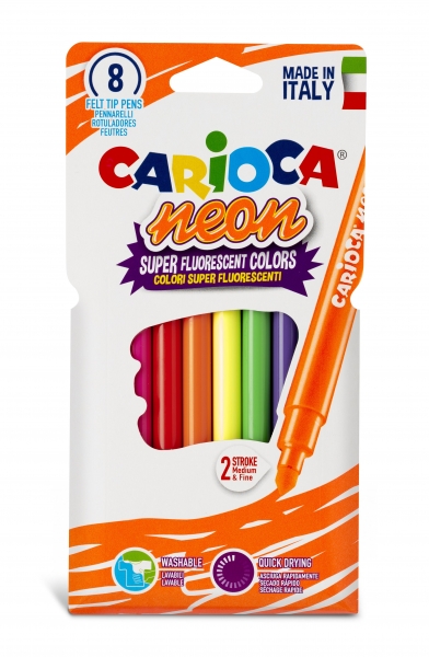 Carioca Neon Pack de 8 marqueurs - Encre fluorescente - Parfait pour colorier et souligner - Lavable sur la peau et les tissus - Pointe conique pour doubles traits - Différentes couleurs