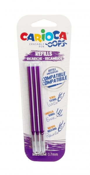 Carioca Oops Blister 3 Recharges pour Stylo Effaçable - Encre Thermo-Sensible - Pointe 0,7 mm - Recharges compatibles - Couleur Violet