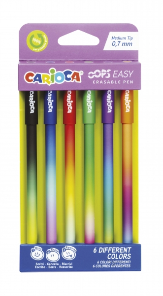 Carioca Oops Easy Blister de 6 Feutres Effaçables - Encre Thermo-Sensible - Corps à Effet Dégradé - Pointe Ø 0,7 mm - Double Caoutchouc - Couleurs Diverses