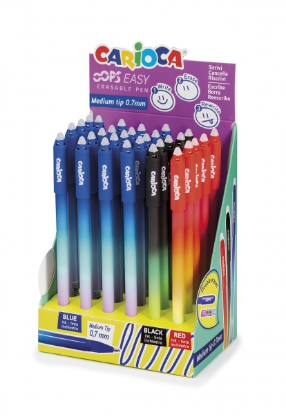 Carioca Oops Easy Display de 30 Stylos Effaçables - Encre Thermosensible - Corps avec Effet Dégradé - Pointe 0,7 mm - Double Caoutchouc - Différentes Couleurs
