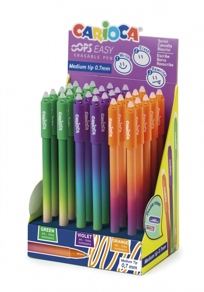 Carioca Oops Easy Pack Présentoir de 30 Stylos Effaçables - Encre Thermosensible - Corps à Effet Dégradé - Pointe Ø 0,7 mm - Double Caoutchouc - Différentes Couleurs