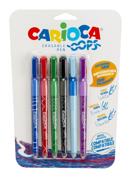Carioca Oops Lot de 6 Stylos Effaçables - Encre Thermo-Sensible - Grip Triangulaire Ergonomique - Pointe 0,7 mm - Double Caoutchouc - Recharges Compatibles - Couleurs Diverses