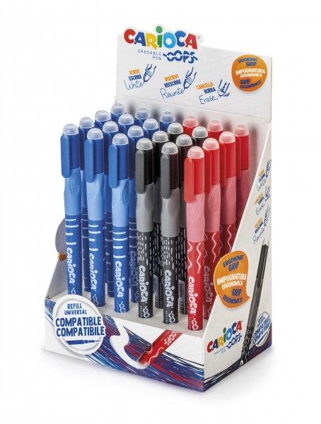 Carioca Oops Présentoir de 24 Stylos Effaçables - Encre Thermosensible - Grip Triangulaire Ergonomique - Pointe Ø 0,7 mm - Double Caoutchouc - Recharges Compatibles - Divers Coloris