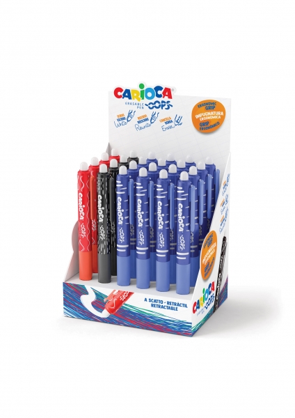 Carioca Oops Présentoir de 24 Stylos Effaçables Rétractables - Encre Thermo-Sensible - Grip Ergonomique Triangulaire - Pointe Ø 0,7 mm - Double Caoutchouc - Recharges Compatibles - Coloris Divers