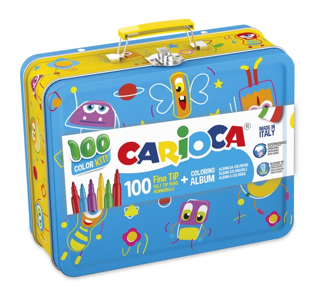Carioca Pack de 100 Feutres Pointe Fine et Encre Super Lavable - Boite Métal - 1 Album de Coloriage - Dédié aux Petits Artistes - Couleurs Diverses