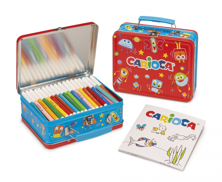Carioca Pack de 100 Feutres Pointe Fine et Encre Super Lavable - Boite Métal - 1 Album de Coloriage - Dédié aux Petits Artistes - Couleurs Diverses
