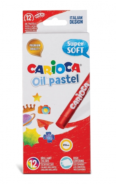 Carioca Pack de 12 Pastels à l'Huile - Couleurs Vives - Lavables - Résistants à la Lumière - Couvrants - Faciles à Mélanger - Corps Maxi Ø 10mm - Utilisation sur Papier, Carton, Tissu et Bois - Couleurs Diverses