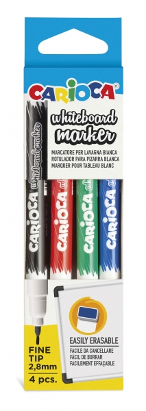 Carioca Pack de 4 Marqueurs Tableau Blanc Pointe Fine - Séchage Rapide - S'efface Facilement - Pointe Ø 2,8 mm - Coloris Divers