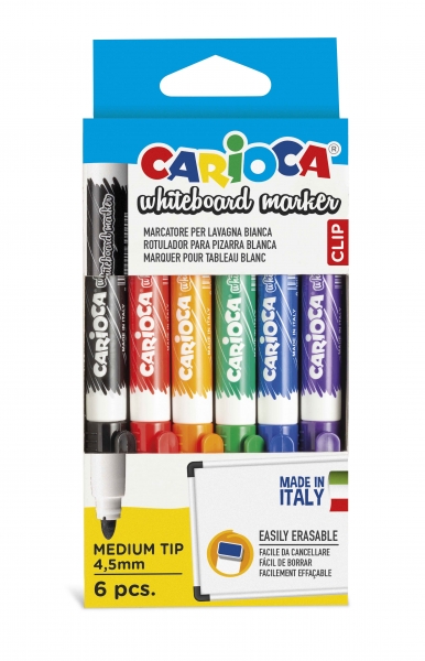 Carioca Pack de 6 Marqueurs Tableau Blanc à Clip - Capuchon Clip - S'efface facilement et sèche rapidement - Pointe Ø 4,5 mm - Couleurs Diverses