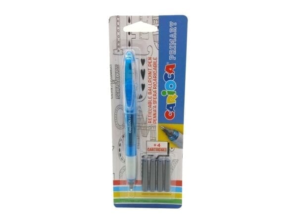 Carioca Pack Primaire de 1 Stylo Rechargeable + 4 Cartouches - Pointe Roller Inox - Distributeur Débit Constant - Couleur Bleu