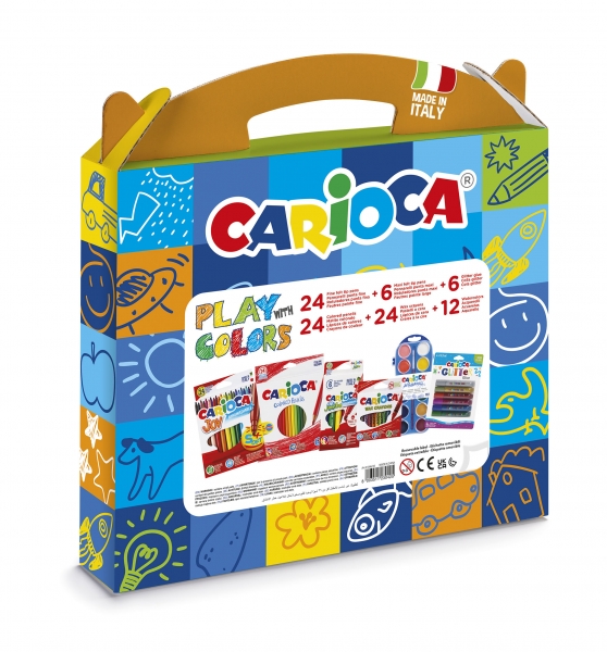 Carioca Play + Colors Pack Mallette en plastique - 18 crayons de couleur - 12 aquarelles - 6 marqueurs Jumbo Maxi Tip - 4 marqueurs Joy pointe fine - 24 crayons - 6 colles pailletées - Couleurs variées