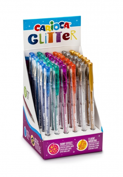 Carioca Présentoir Gel Pailleté de 36 Stylos - Pointe Ø 1mm - Encre Gel Pailletée - pour Surfaces Sombres - Écriture Lumineuse et Colorée - Différentes Couleurs