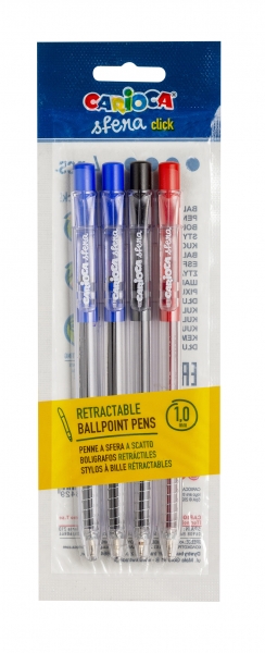 Carioca Sfera Pack Lot de 4 stylos rétractables - Pointe Ø 1 mm - Stylos rétractables - Clic facile et confortable - Écriture douce et fluide - Couleurs variées